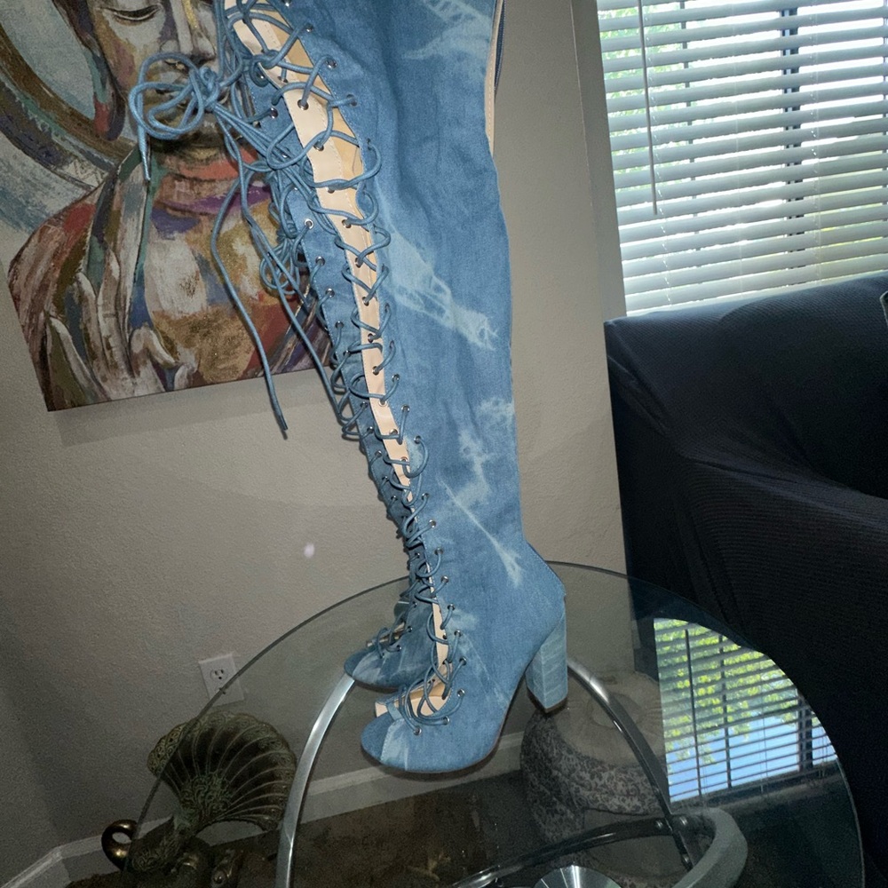 Blue Denim Heeled laced Boots